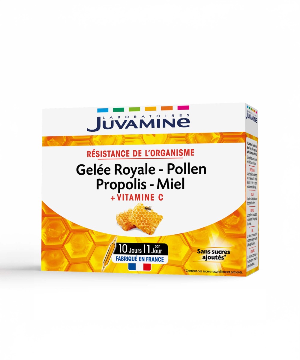 Gelée Royale, Pollen, Propolis, Miel, Vitamine C - Immunité 10 ampoules x 10 mL | Juvamine